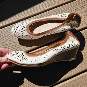 Women’s White Perforated Pikolinos Trento Wedge Heel with Brown Trim